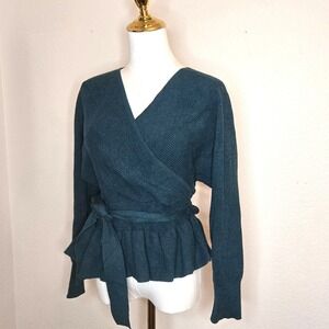 Teal Faux Wrap Sweater L Open Back Peplum Tie Waist Ballet Ribbed Knit Sexy